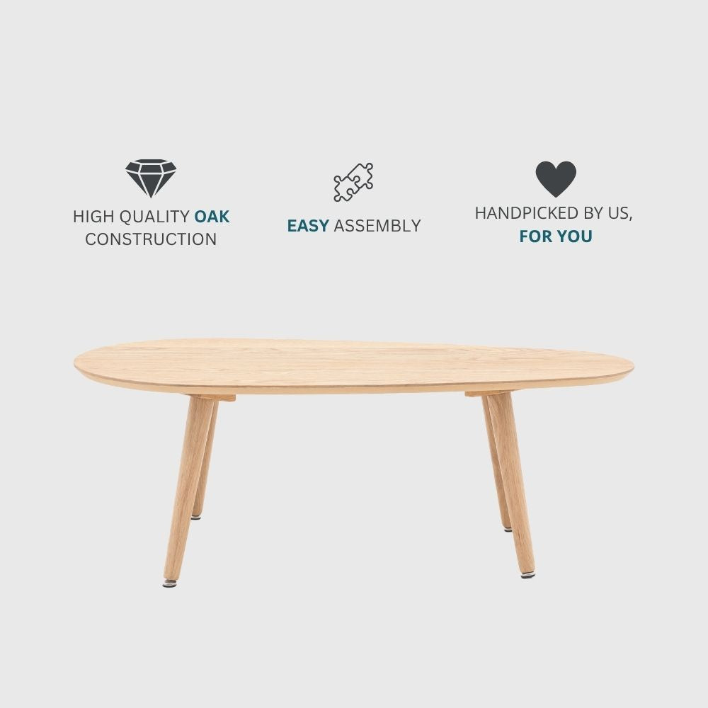 Natural oak oval coffee table with icons highlighting high quality oak construction, easy assembly and curated design.