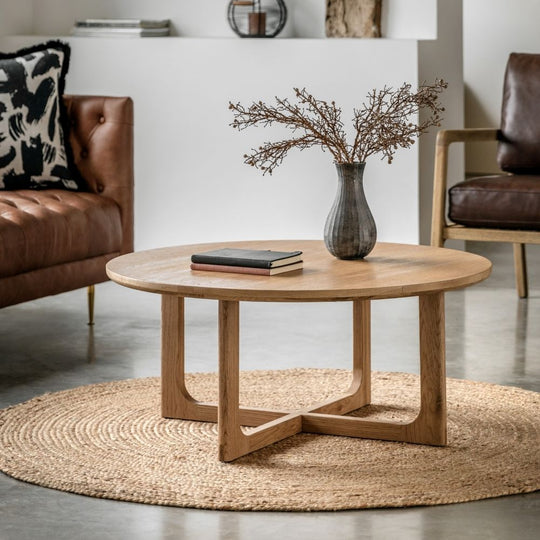 Natural Oak Round Coffee Table with Curved Frame