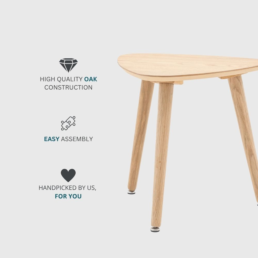 Modern natural oak side table highlighting high quality oak construction with clean triangular shape and sturdy tapered legs.