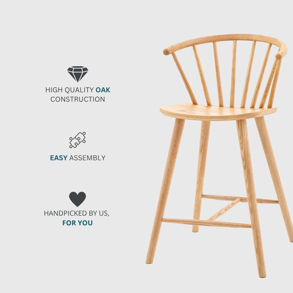 Natural oak spindle back wooden bar stool displayed with icons highlighting high quality oak construction, easy assembly and handpicked design.