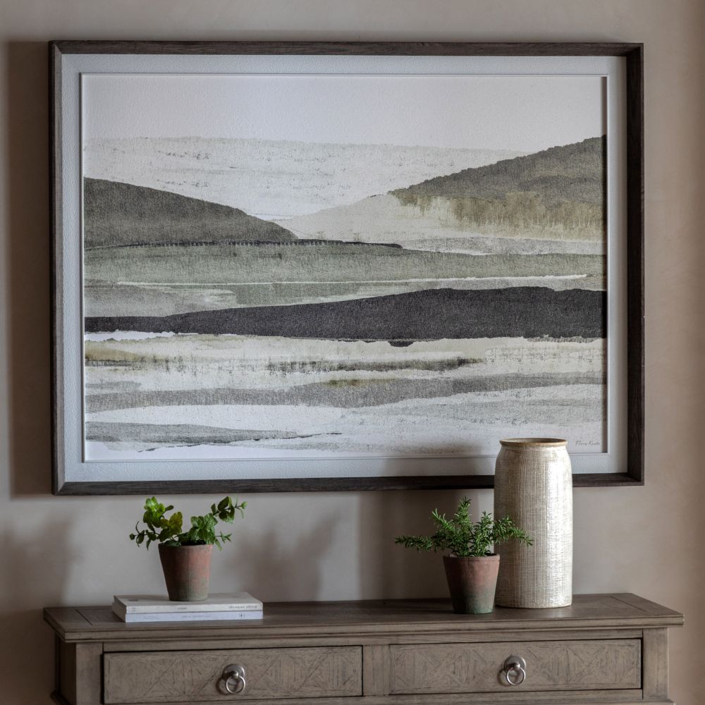 Neutral abstract landscape framed wall art featuring layered sage green, grey and charcoal tones in a contemporary wood-effect frame.