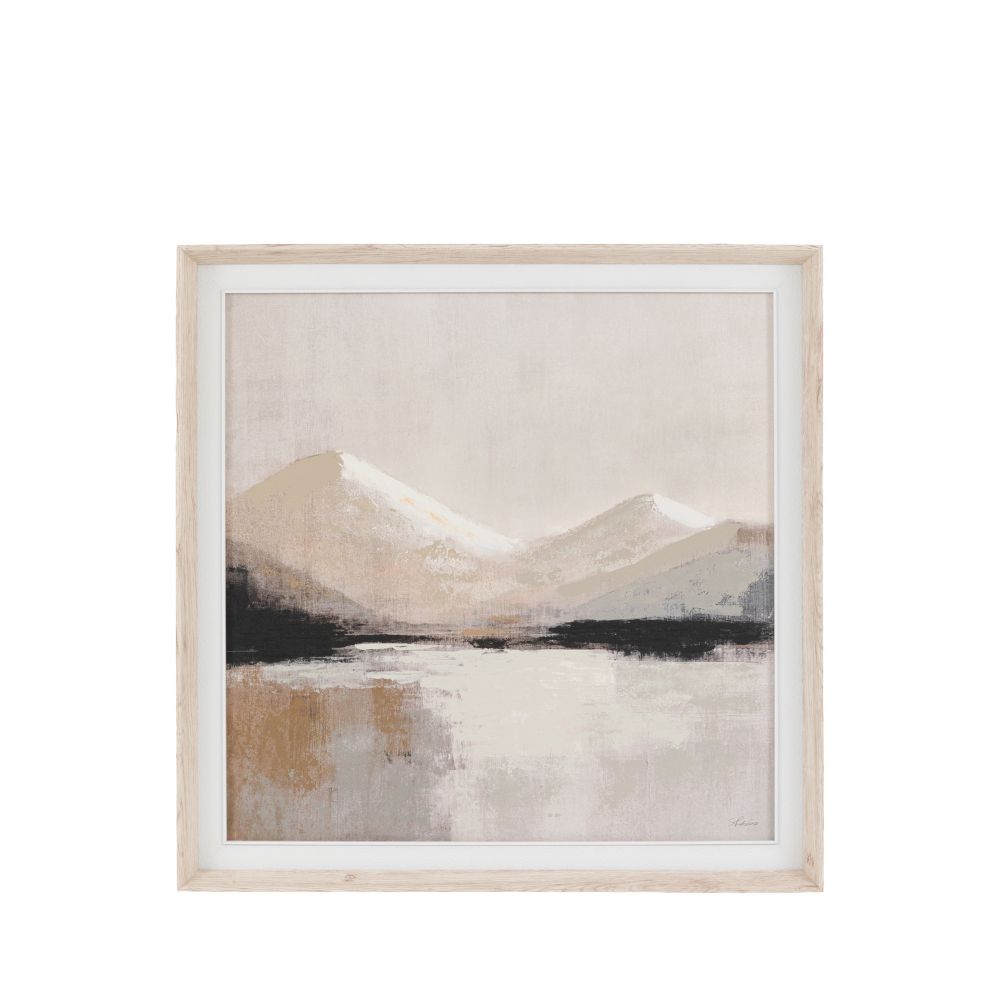 Neutral abstract mountain landscape framed canvas print with soft earthy tones and textured painted finish on a light background.