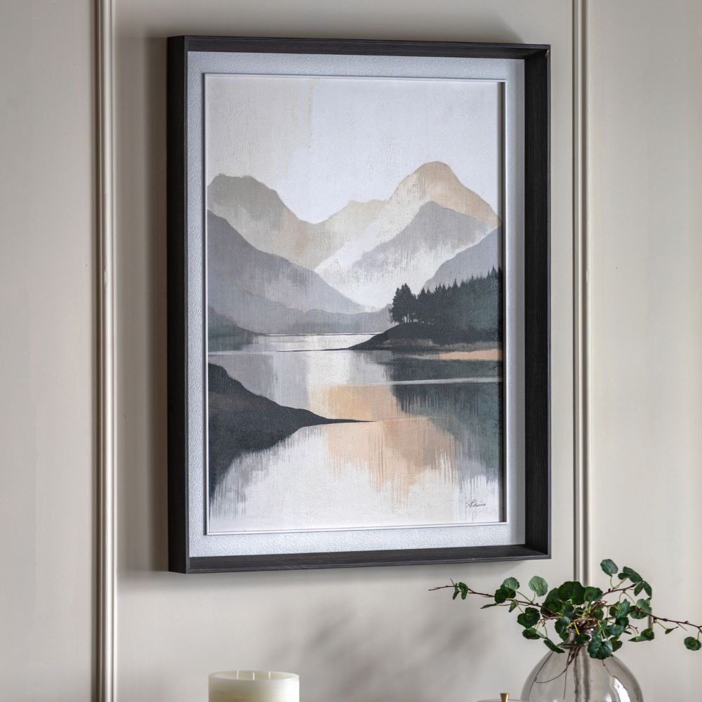 Neutral mountain lake landscape framed print featuring layered grey and beige tones with reflected water and forest silhouettes.