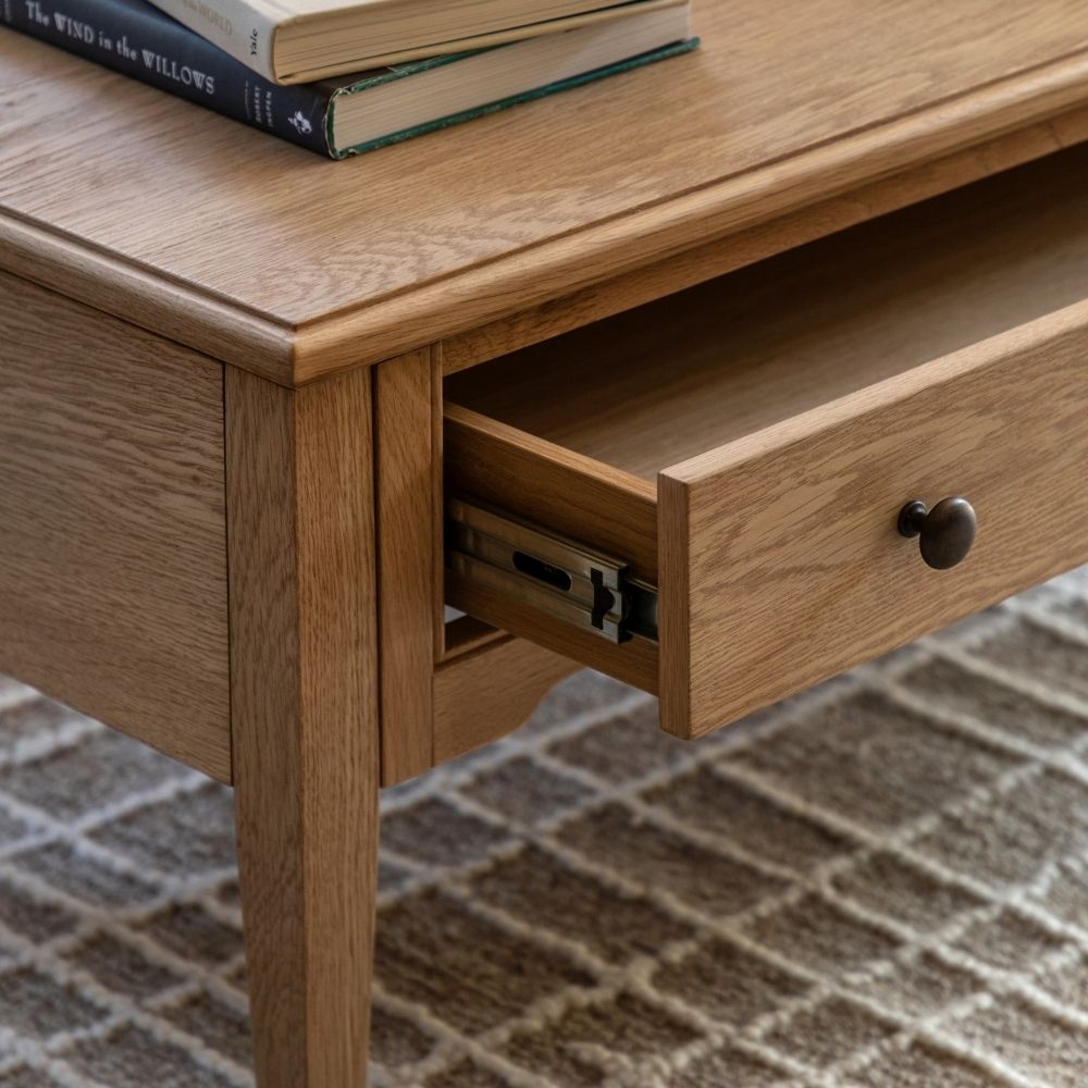 Close up of oak coffee table drawer showing smooth sliding mechanism, wooden frame and classic round handle detail.