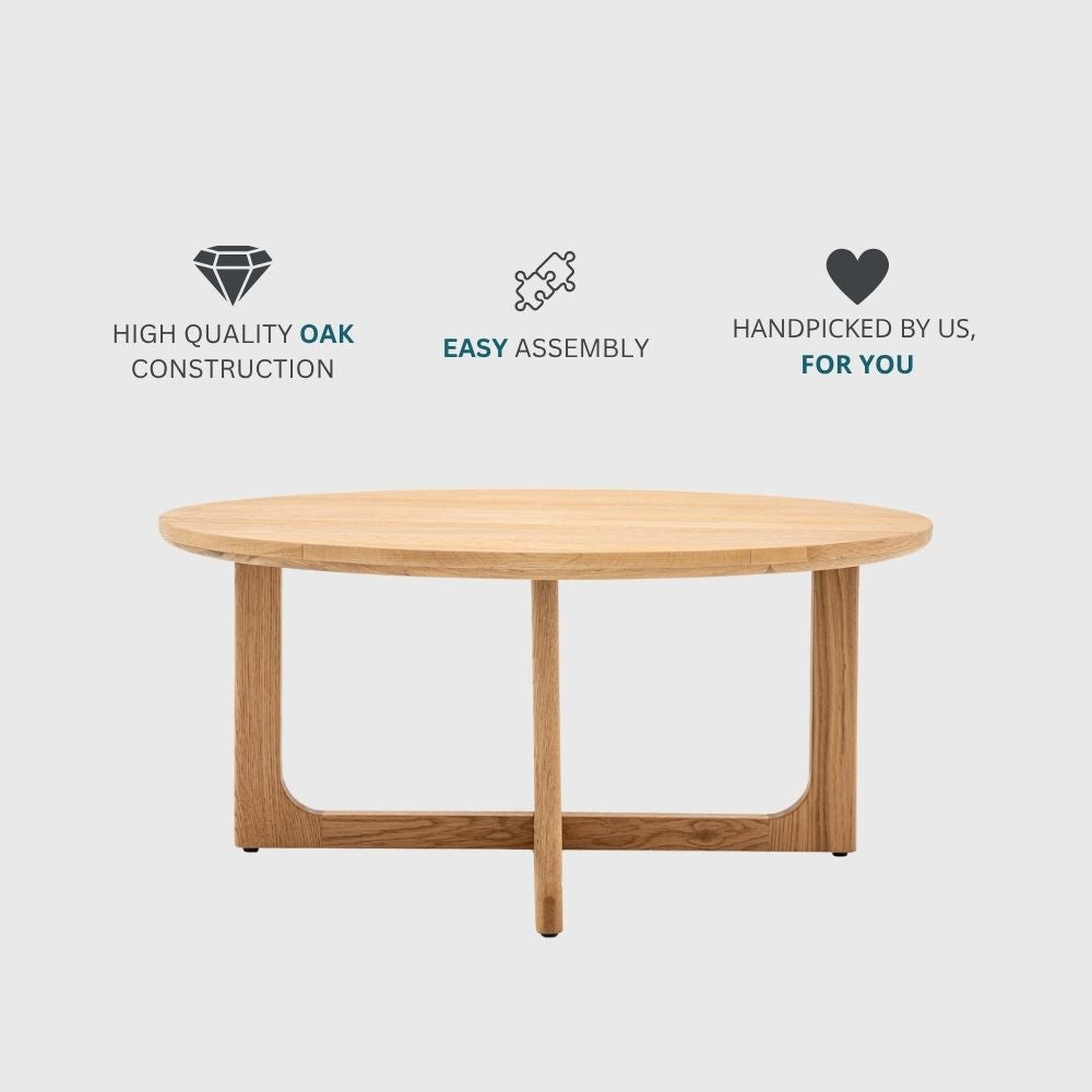 Natural oak round coffee table with icons highlighting high quality construction, easy assembly and carefully selected design.