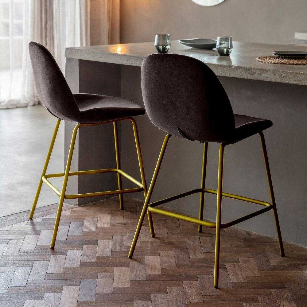 Pair of Chocolate Velvet Bar Stools with Gold Legs The Urban Mill