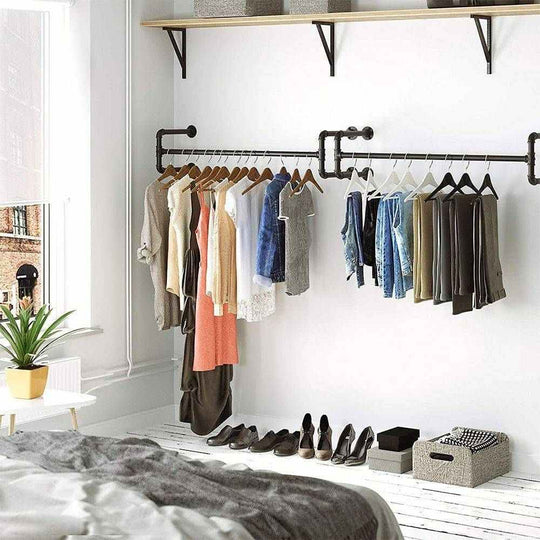 Pack of 2 Black Wall Mounted Industrial Pipe Clothes Hanging Rail - 1100mm Width