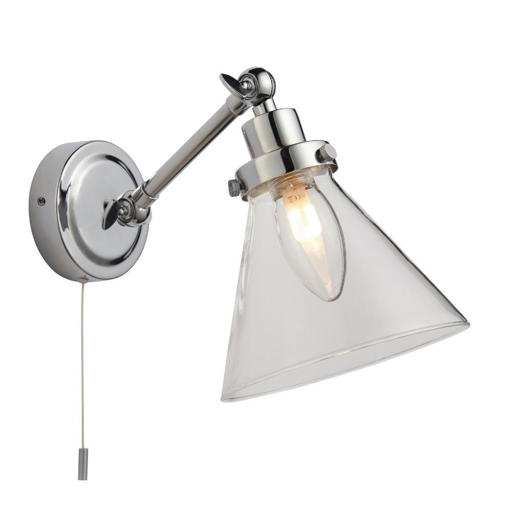 Polished chrome wall light featuring a clear cone-shaped glass shade and exposed bulb on a white background.