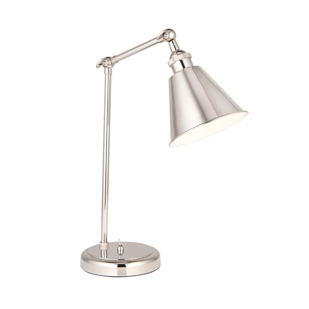 Contemporary polished nickel desk lamp with adjustable arm and conical shade isolated on a clean background.