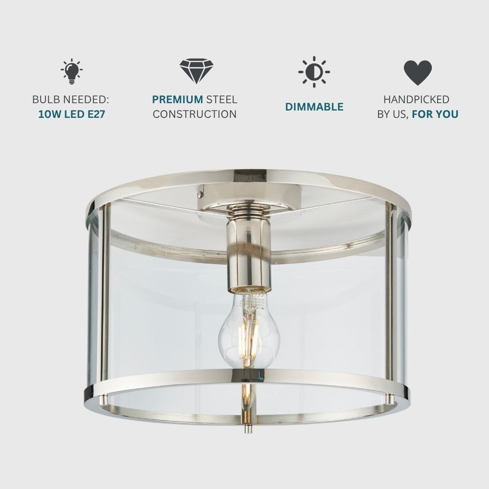 Polished nickel glass flush ceiling light shown with icons indicating E27 LED bulb compatibility, dimmable function and premium steel construction.