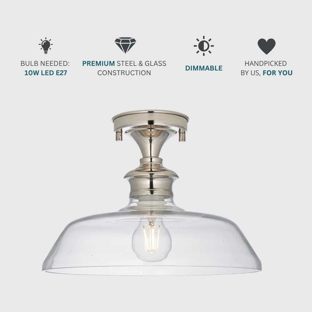 Polished nickel glass dome flush ceiling light with icons showing E27 LED bulb compatibility, dimmable function and premium steel and glass construction.