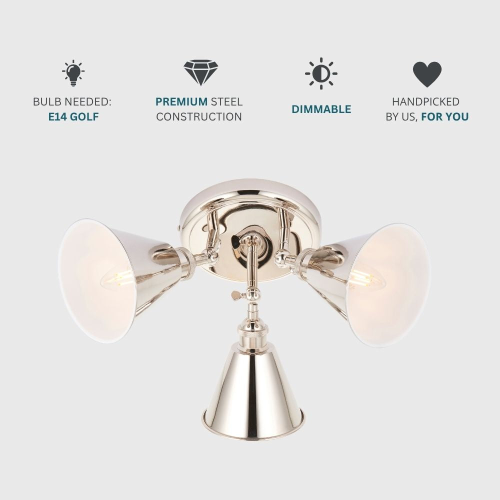 Three light polished nickel ceiling spotlight shown with icons highlighting E14 bulb requirement, dimmable function and steel construction.