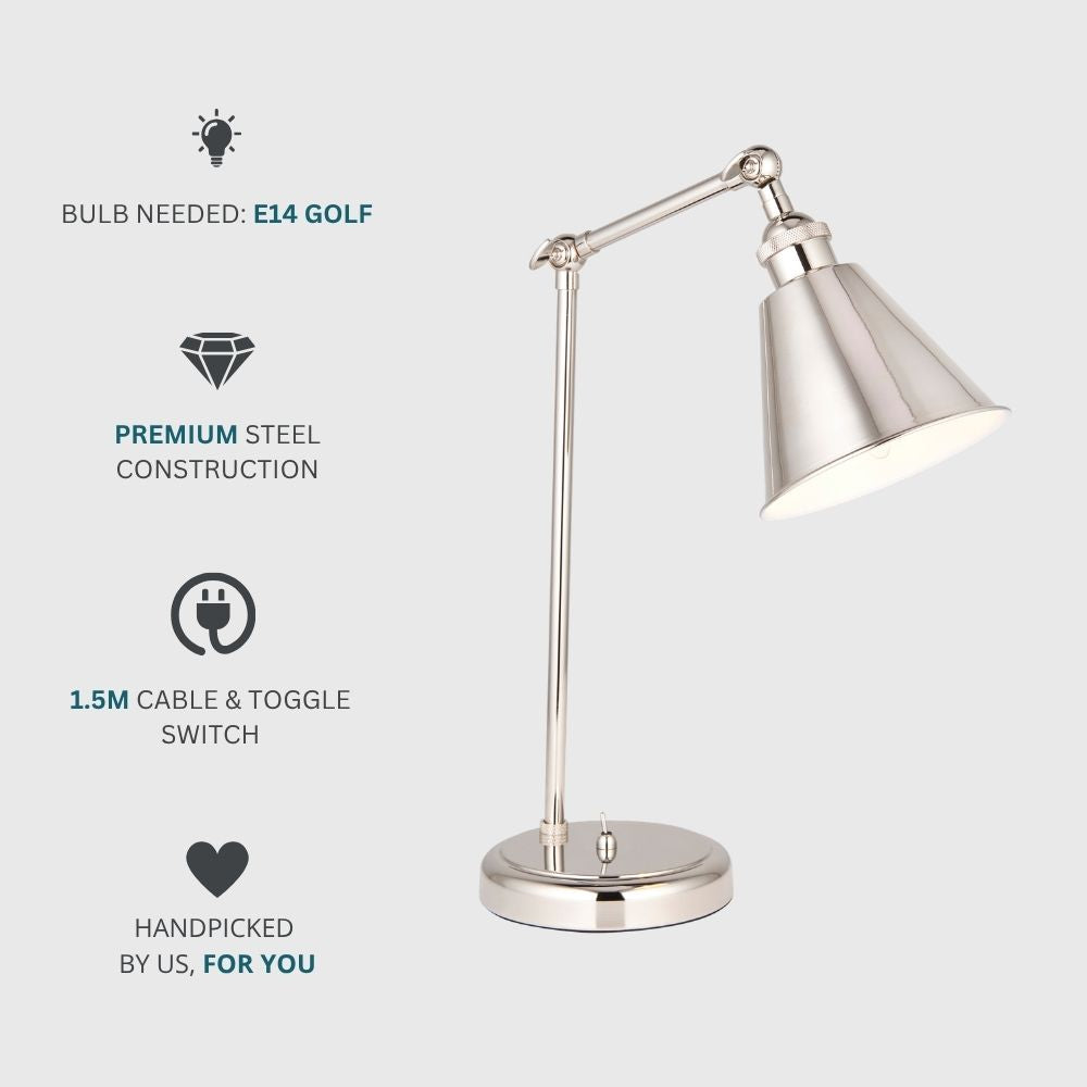 Polished nickel adjustable task lamp with premium steel construction highlighting E14 bulb compatibility and toggle switch features on a clean background.