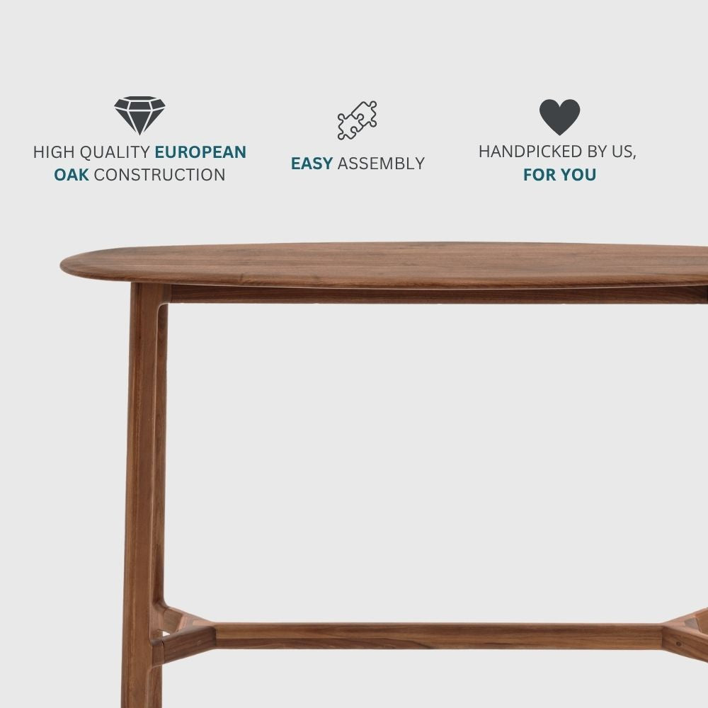 Walnut console table with icons highlighting premium solid wood construction, easy assembly and curated design features.