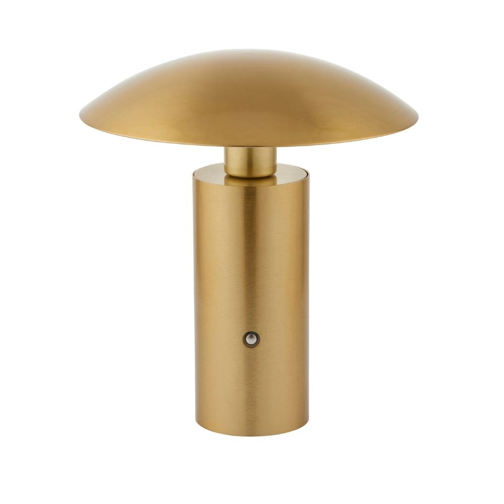 Rechargeable brass mushroom table lamp with sleek metal finish, featuring a touch dimmer switch and warm ambient LED lighting.