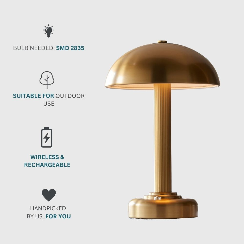 Rechargeable brass touch dimmer table lamp with dome shade shown alongside feature icons highlighting SMD 2835 bulb, outdoor suitability, wireless design, and modern lighting functionality.