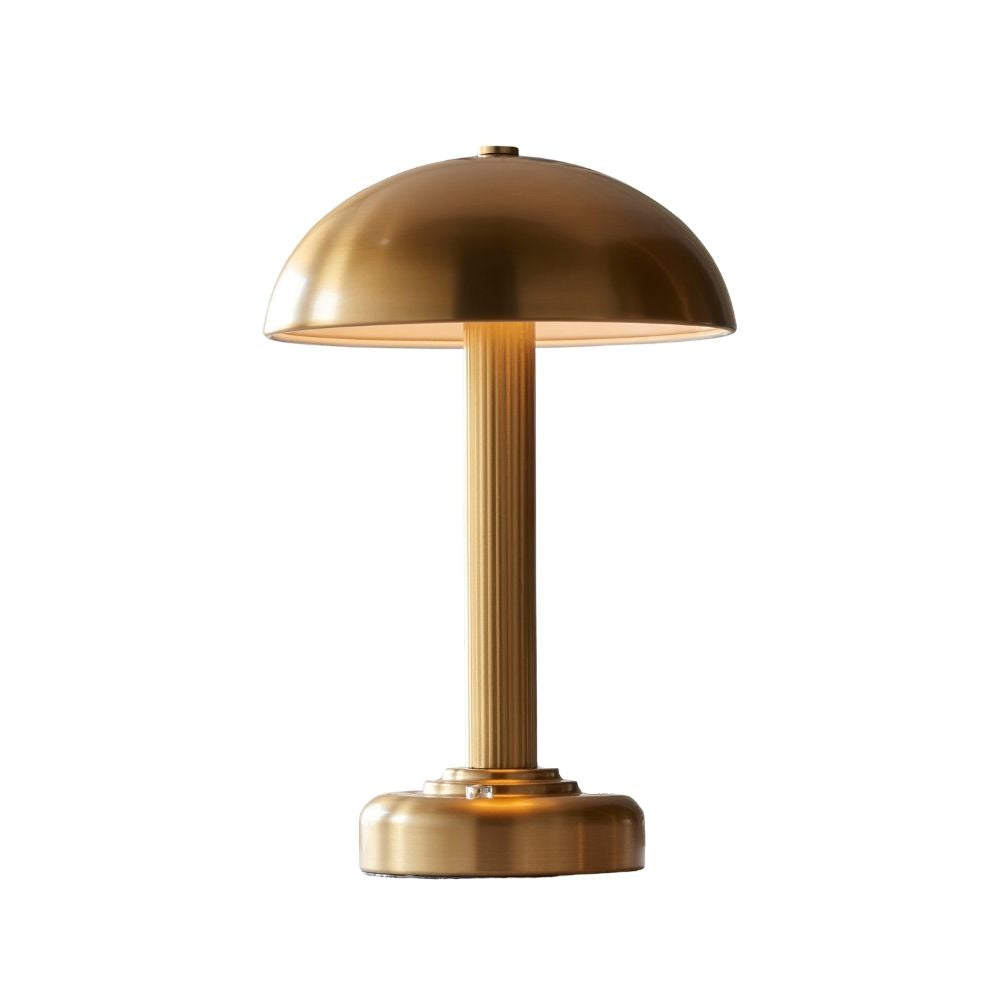 Minimalist rechargeable brass table lamp with touch dimmer control and dome shade, isolated on a neutral background showcasing modern lighting design.