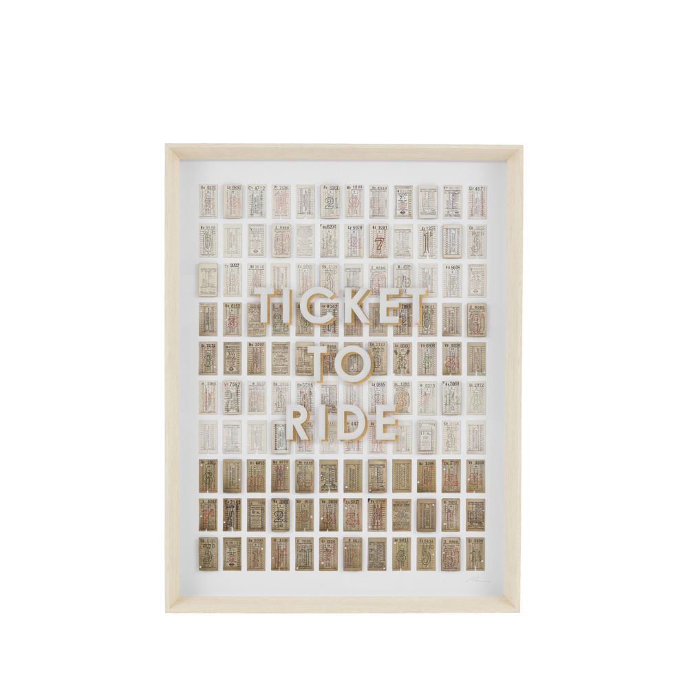 Retro ticket collage print with layered typography and antique transport tickets displayed in a natural light wood-effect frame.