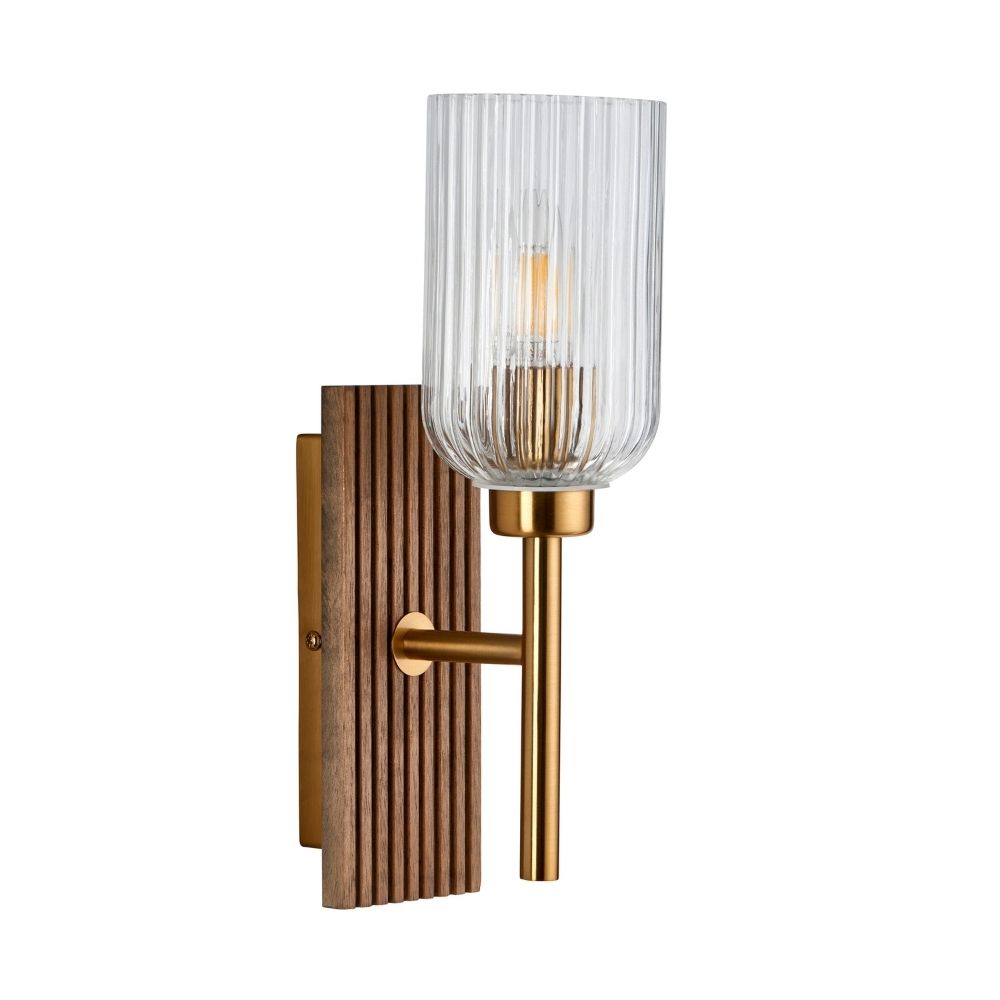 Ribbed glass wall light with walnut backplate and brass stem, shown on a clean background with modern minimalist design and dimmable LED compatibility.
