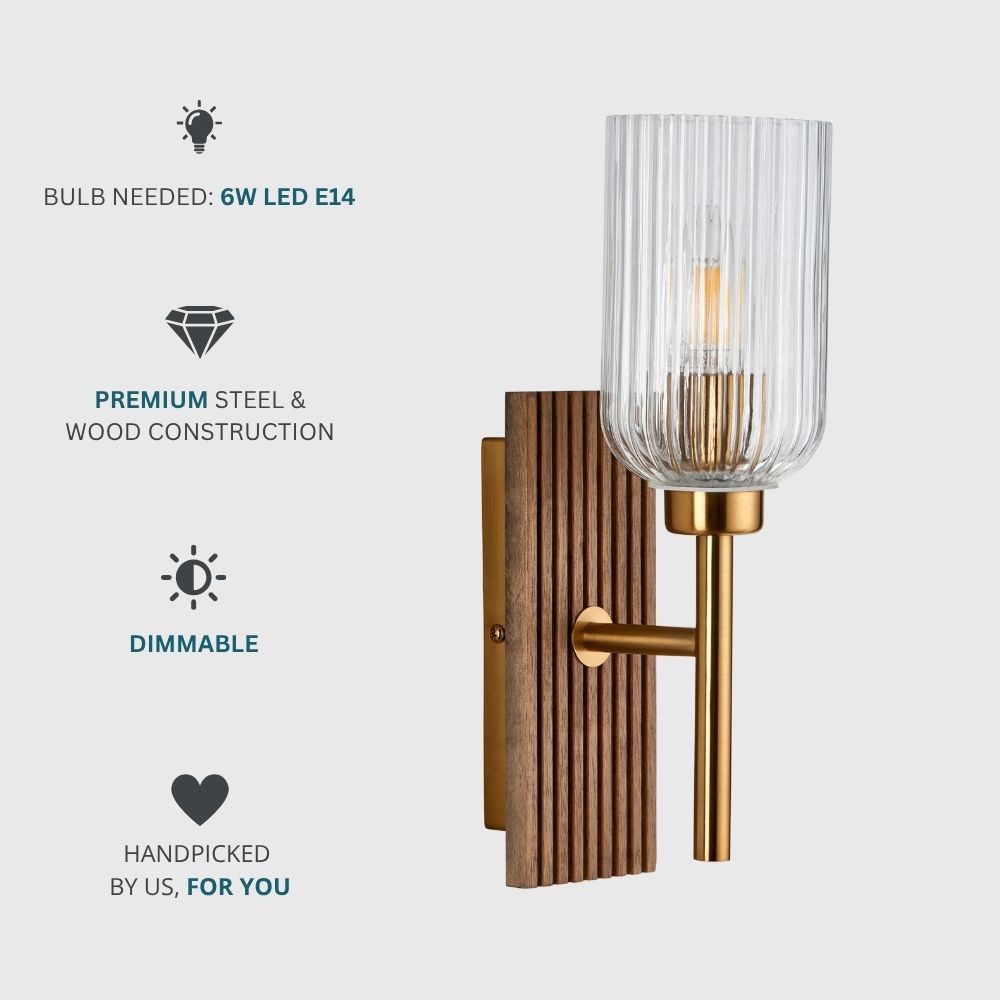 Ribbed glass wall light with walnut backplate and brass detail, highlighting dimmable 6W LED E14 bulb compatibility and premium steel and wood construction.