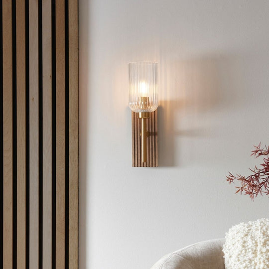 Ribbed Glass Wall Light with Walnut Backplate