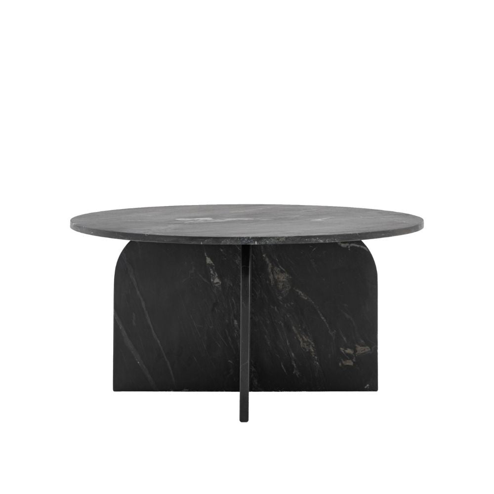 Minimal round coffee table made from black marble featuring intersecting arched panel base on a plain background.