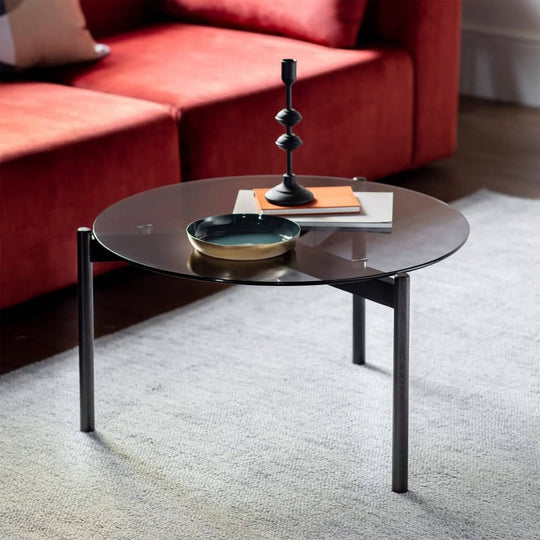 Simplistic Round Oak Coffee Table with Glass Top - Black
