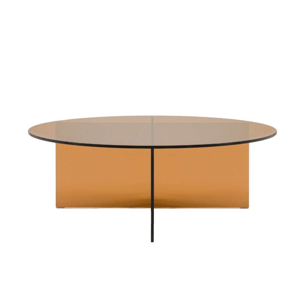 Minimal round coffee table featuring bronze glass panels and cross base structure on a plain background.