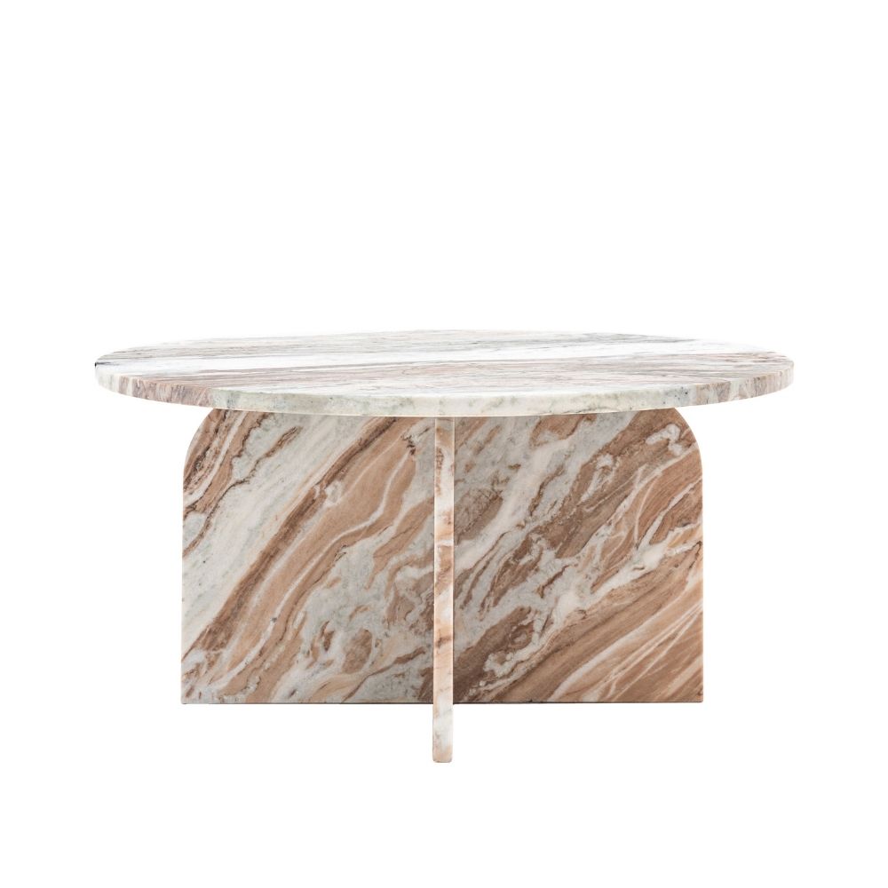 Minimal round coffee table crafted from natural marble with intersecting arched panel base on a clean background.