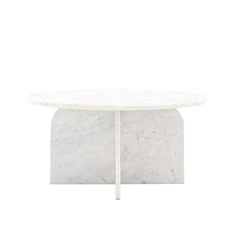 Minimal round coffee table made from white marble with intersecting arched panel base on a clean background.
