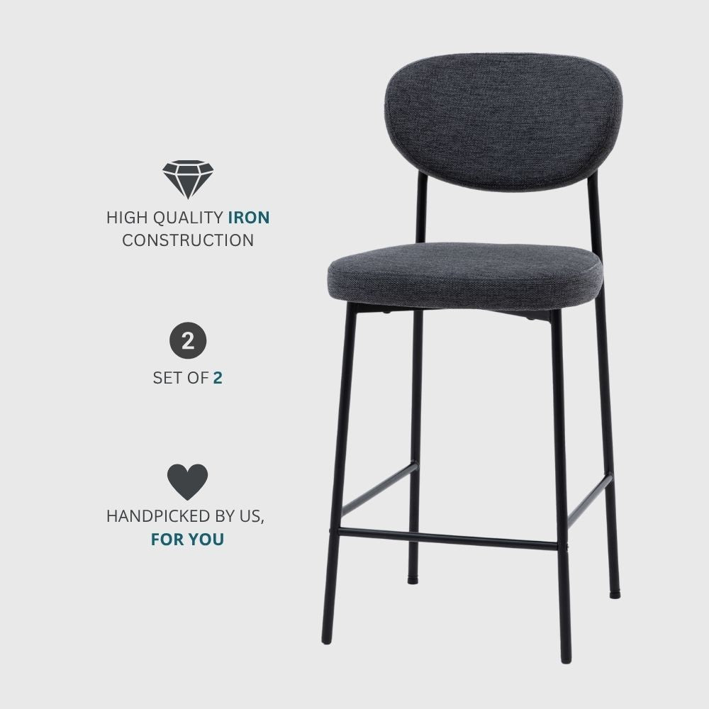 Promotional image for a set of two grey fabric upholstered bar stools with black metal legs and iron construction on a light grey background.