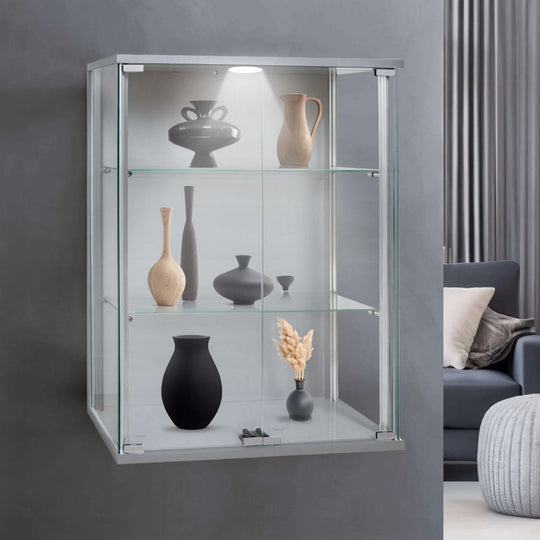 Silver Aluminium Wall Mounted Double Door Glass Display Cabinet with 2 Adjustable Shelves  - 600mm