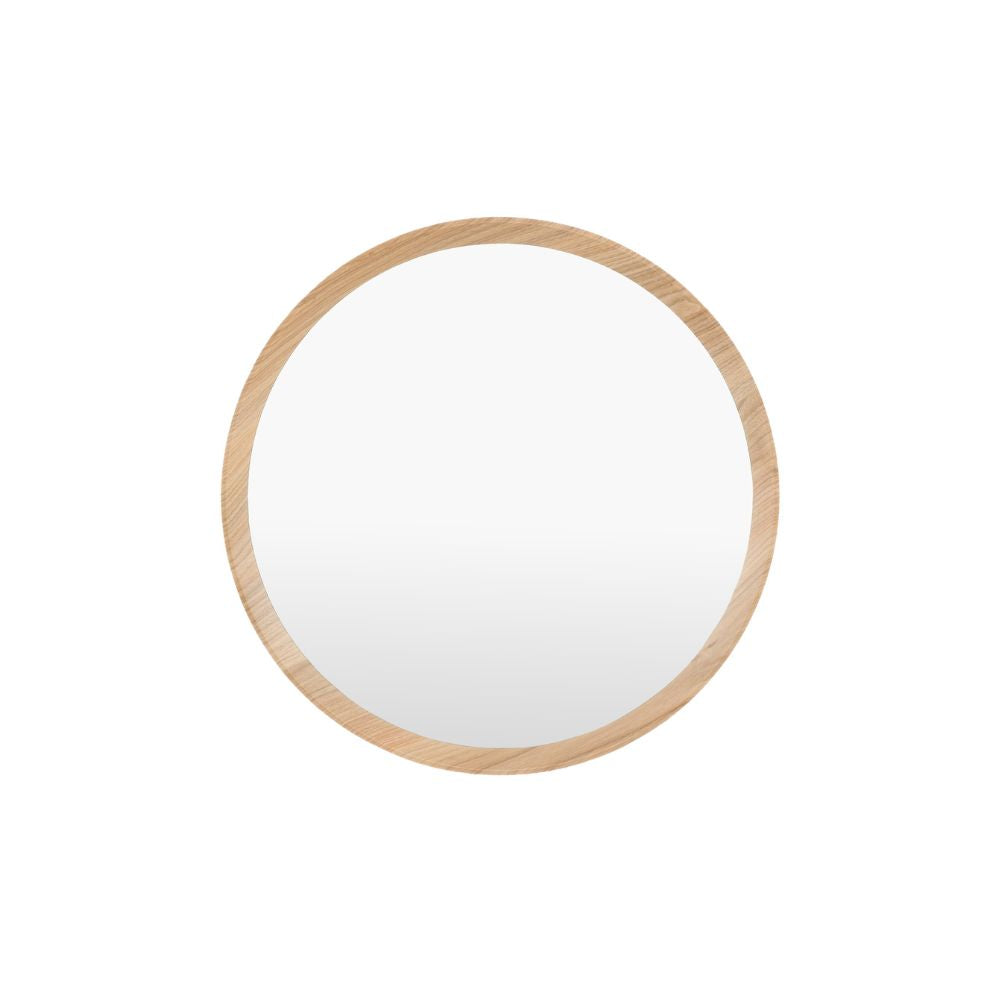 Small minimalist round wall mirror with a light oak wooden frame isolated against a soft grey background.
