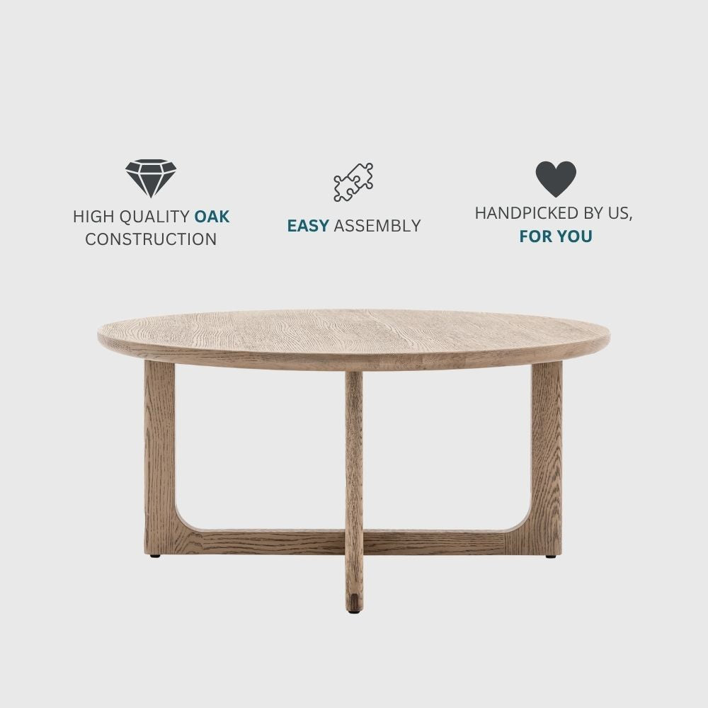 Smoked oak round coffee table with icons highlighting high quality oak construction, easy assembly and curated design.
