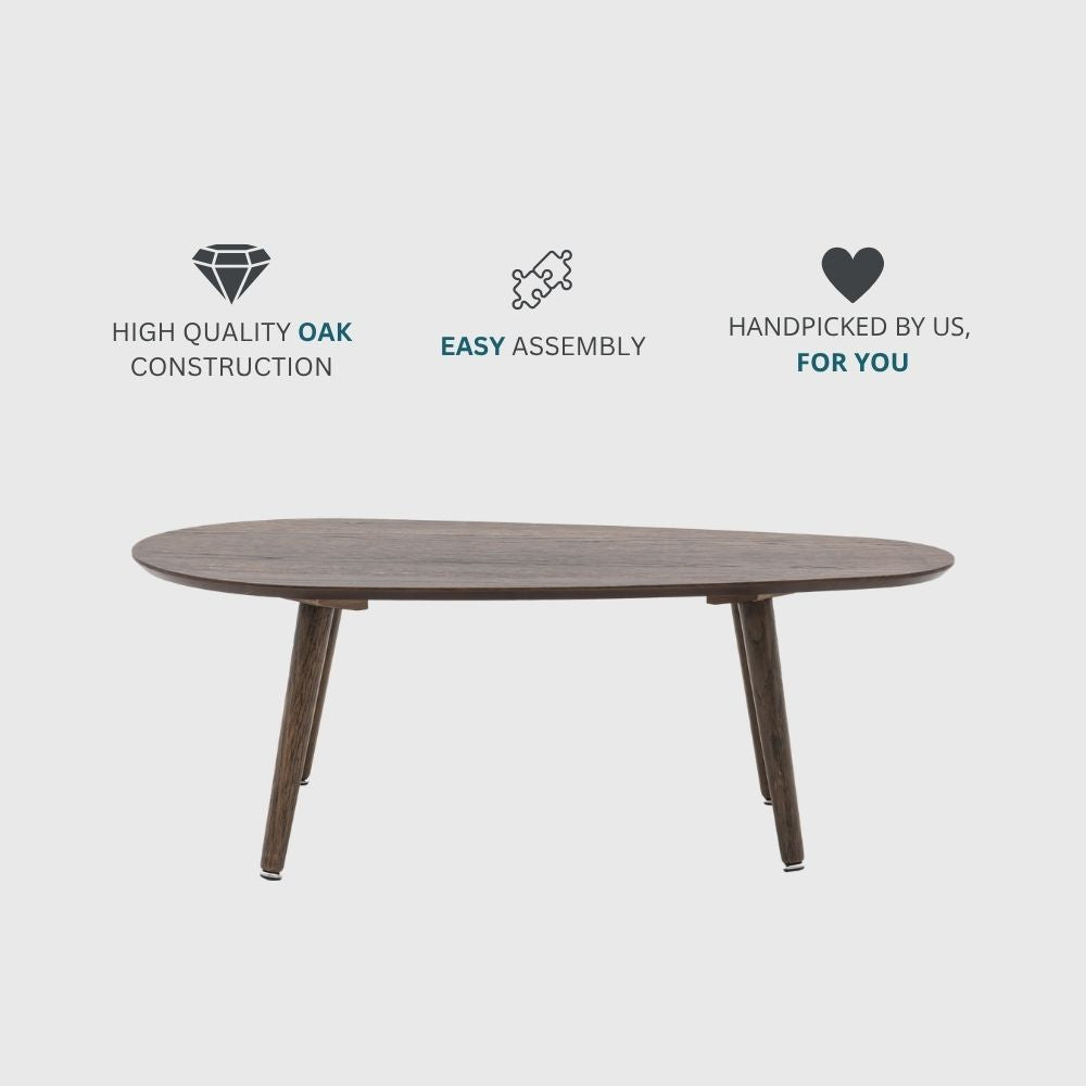 Smoked oak oval coffee table with icons highlighting high quality oak construction, easy assembly and carefully selected design.