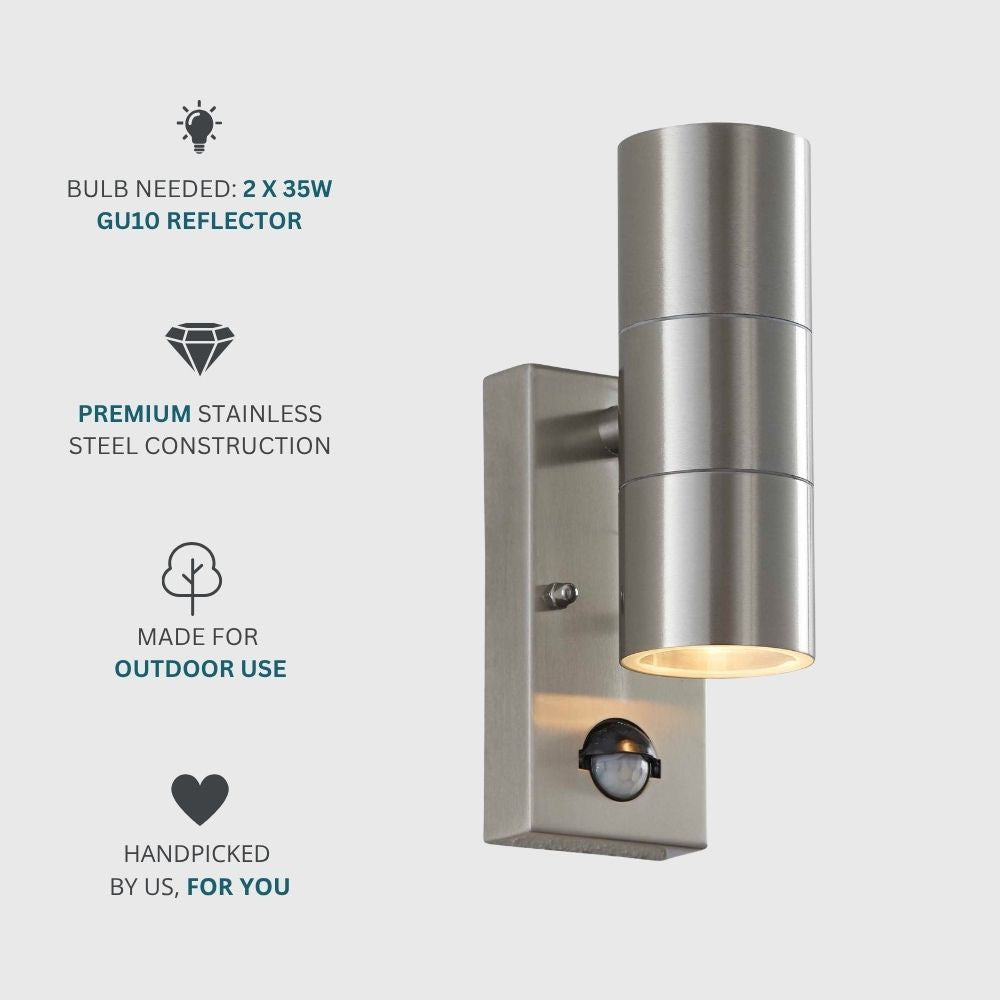 Contemporary stainless steel wall light with dual beam up and down illumination and built in PIR motion sensor.