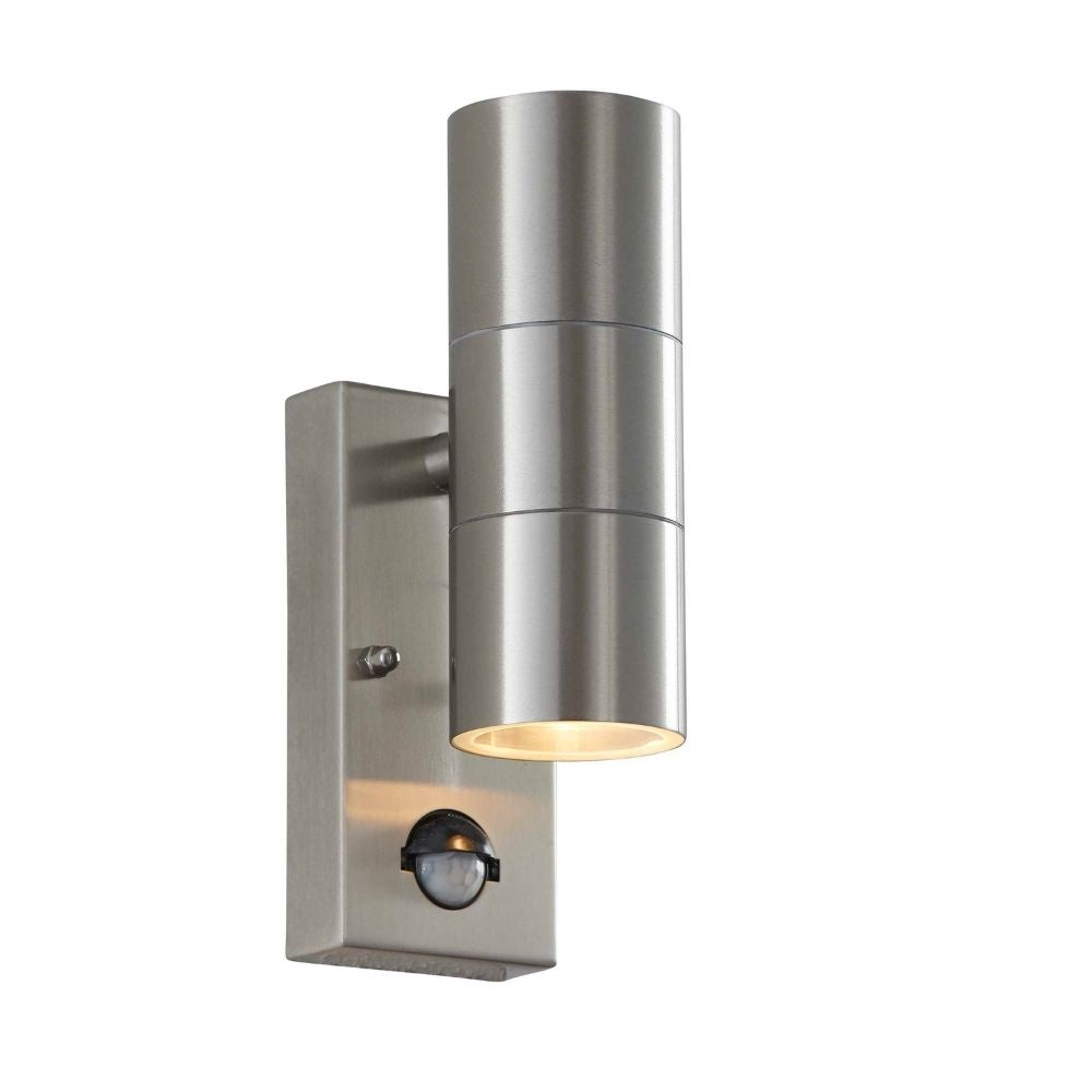 Modern stainless steel up and down outdoor wall light with integrated PIR motion sensor mounted on exterior wall.
