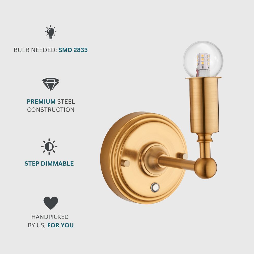 Step dimmable brass wall light with exposed LED bulb and premium steel construction for modern interiors.