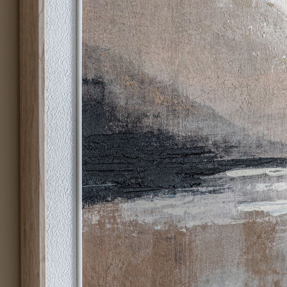Detailed close-up of textured abstract landscape canvas artwork featuring layered neutral tones and dark painted accents.