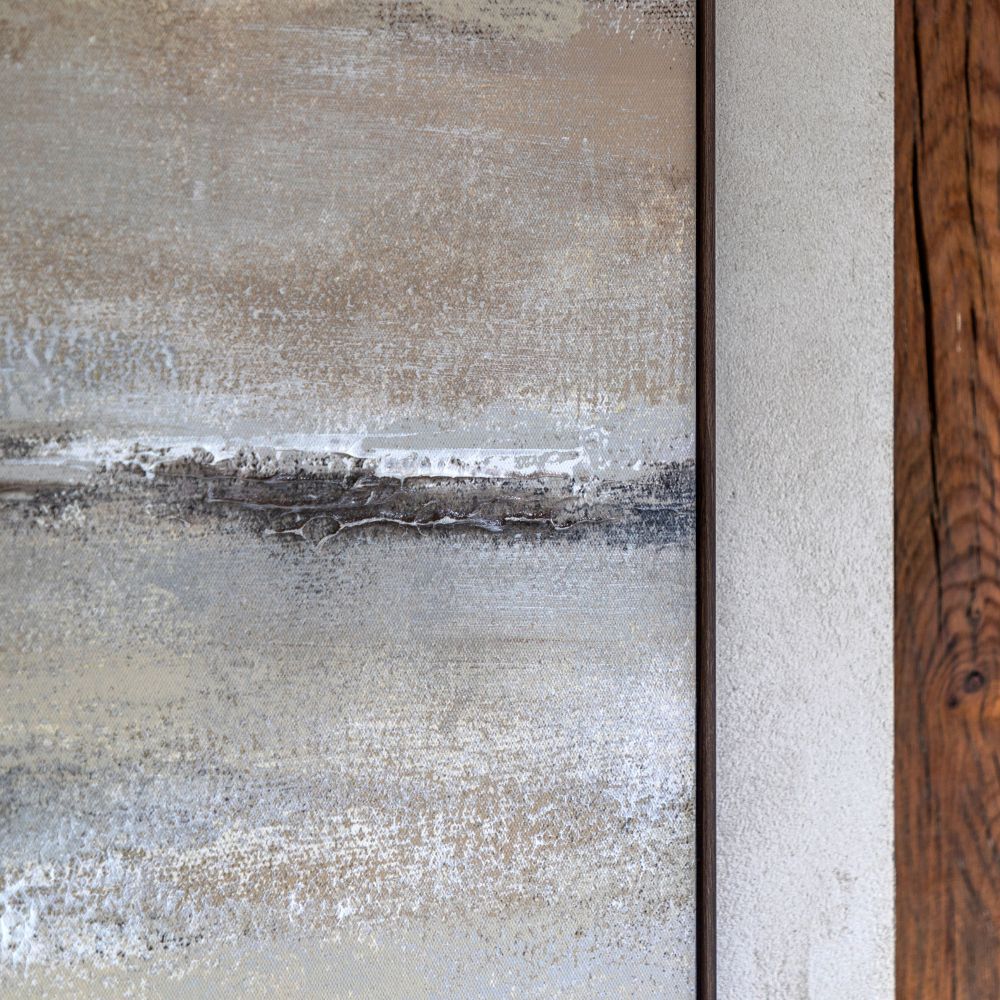 Detailed view of beige and grey abstract artwork with layered textures and subtle horizontal landscape effect.