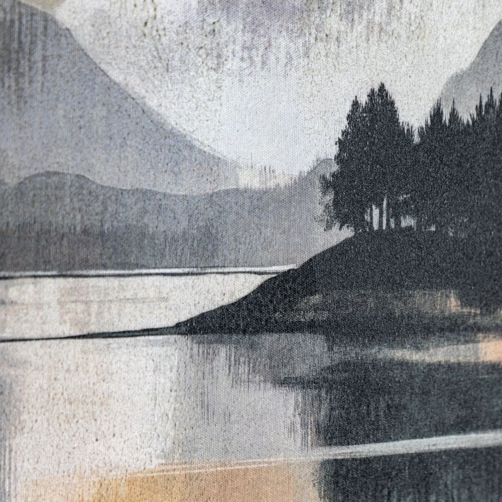 Detailed textured mountain lake canvas artwork featuring misty peaks, calm water reflections and silhouetted trees in neutral shades.