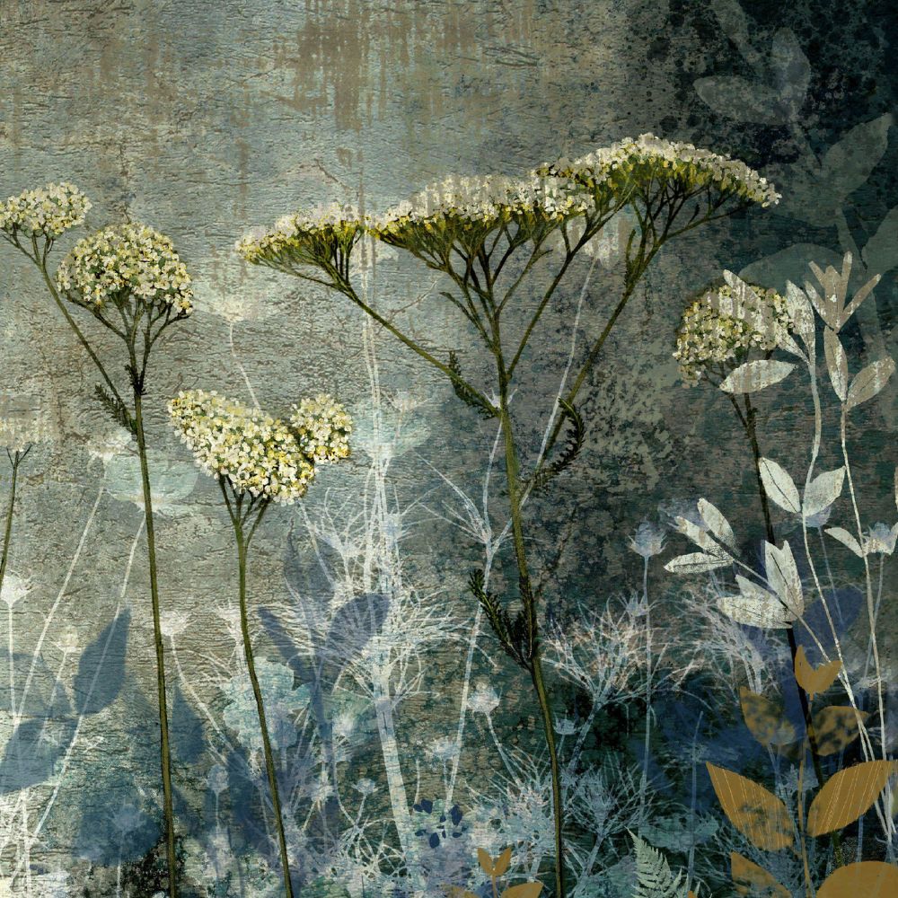 Detailed close-up of textured wildflower artwork with soft neutral florals and layered abstract botanical elements.