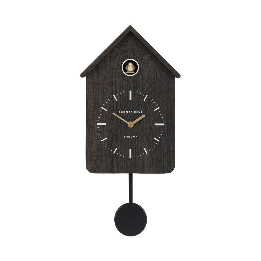 Thomas Kent charcoal modern cuckoo wall clock with wood-effect case, gold hands and black pendulum