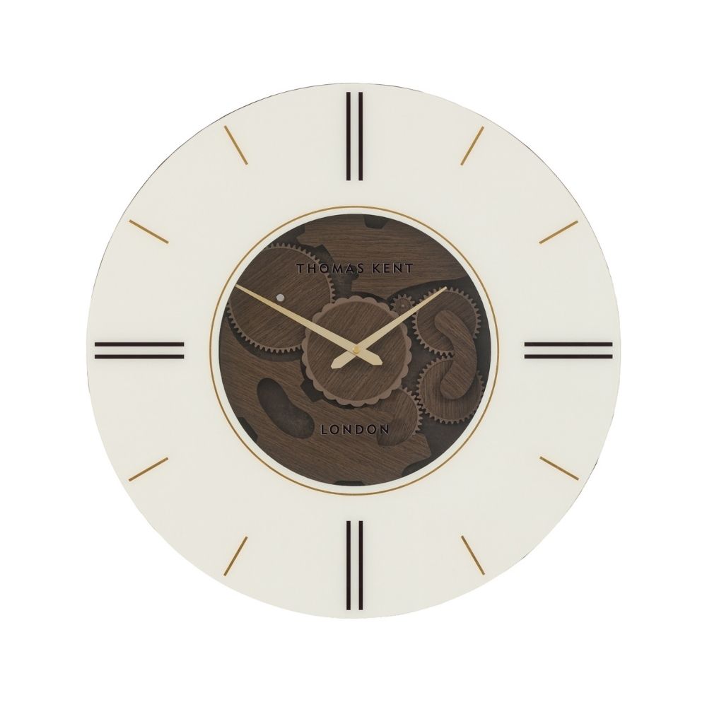 Thomas Kent Cogger dark walnut 60cm wall clock with cream face, exposed dark wooden cogs, gold hands and black hour markers