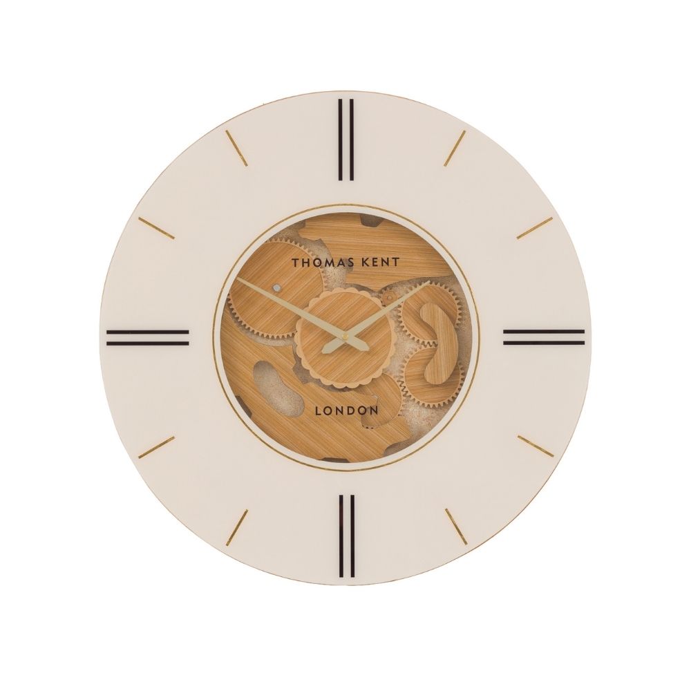 Thomas Kent Cogger oak 60cm wall clock with cream face, exposed wooden cog design, gold hands and dark hour markers