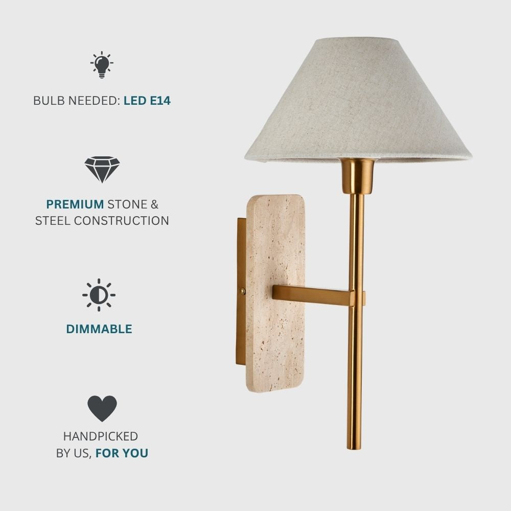 Travertine stone wall light with brass detailing requiring E14 LED bulb, highlighting dimmable function and premium materials.
