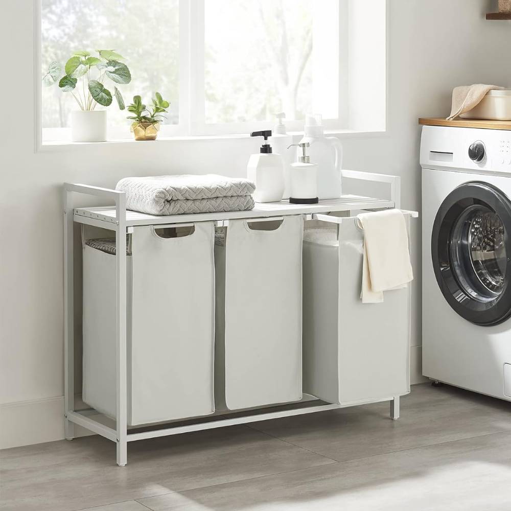 White 3 Compartment Laundry Hamper with Shelf