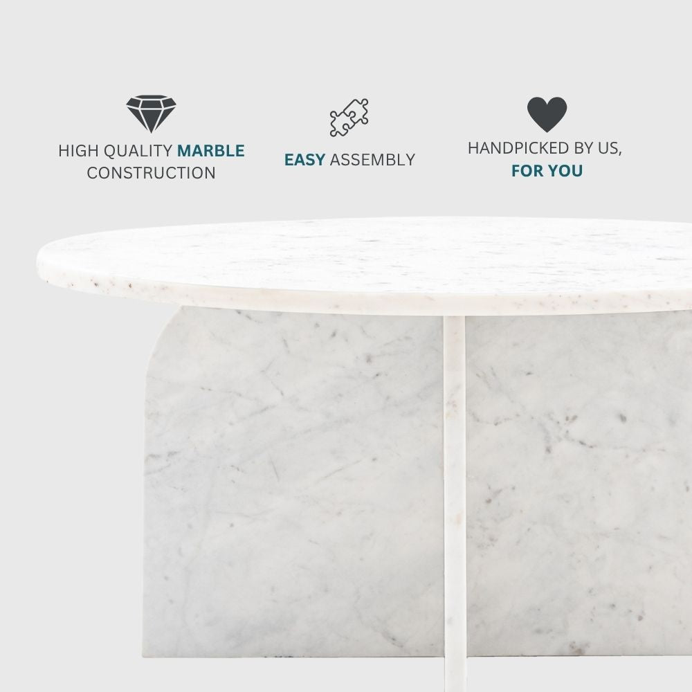 White marble coffee table with icons highlighting high quality marble construction, easy assembly and curated design.