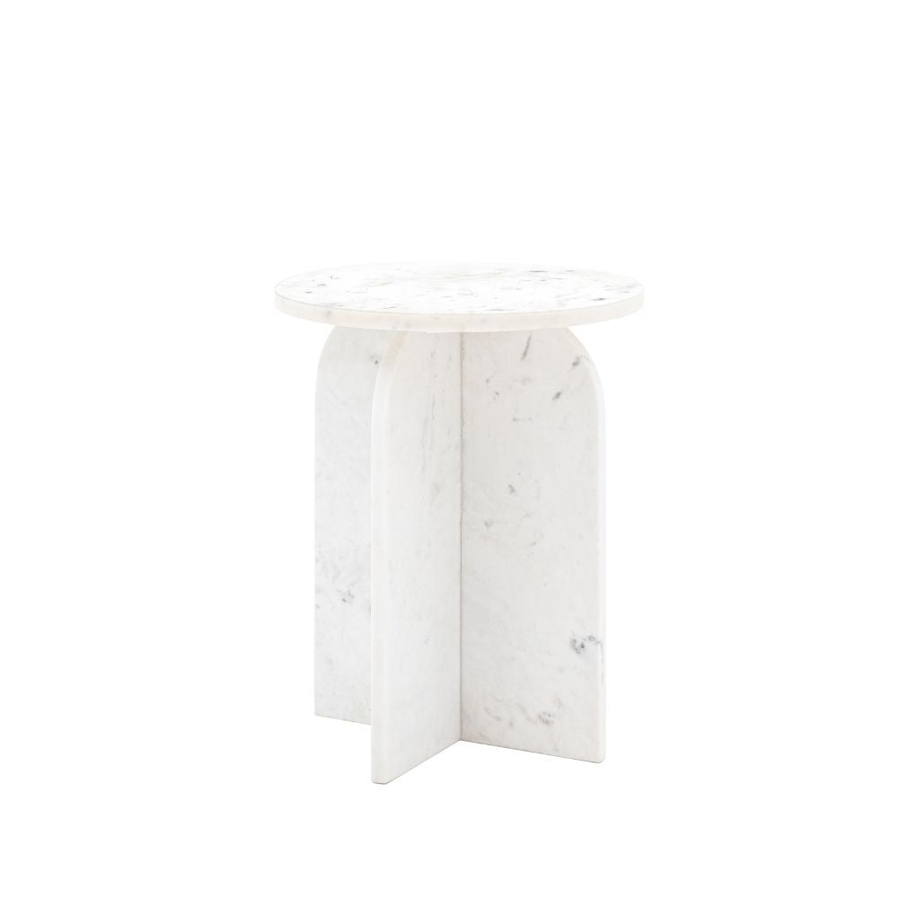 White marble side table with round top and curved sculptural base featuring subtle grey veining on a clean background.