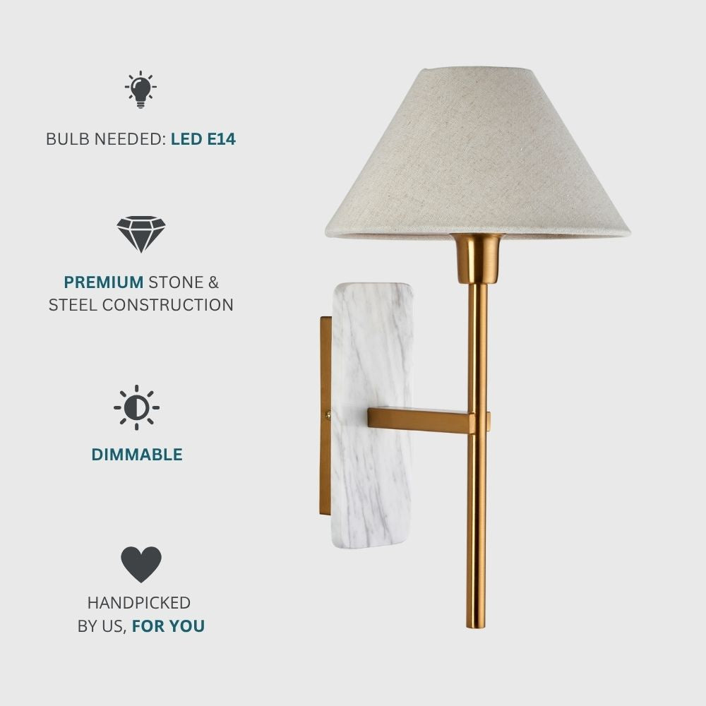 White marble and brass wall light requiring E14 LED bulb, highlighting dimmable function and premium stone and steel construction.
